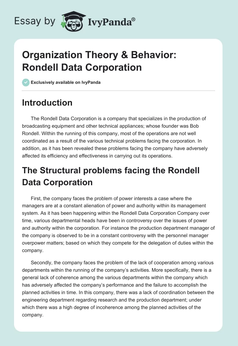 Organization Theory & Behavior: Rondell Data Corporation. Page 1