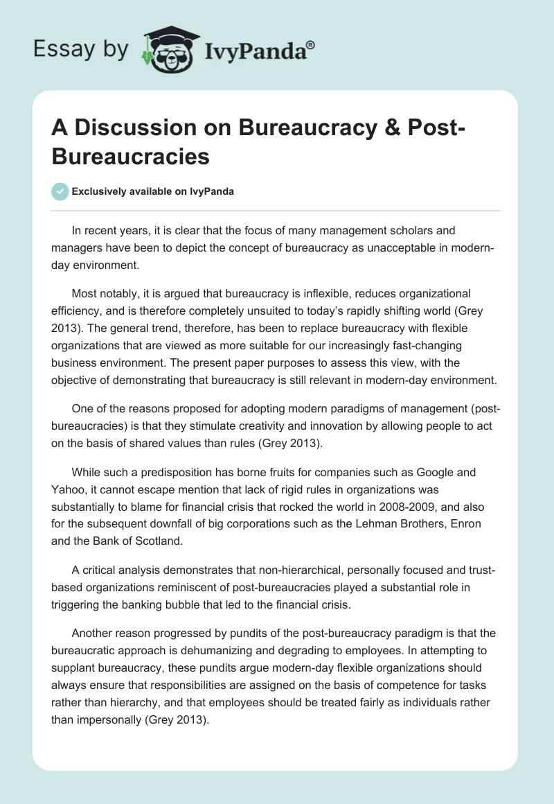 A Discussion on Bureaucracy & Post-Bureaucracies. Page 1