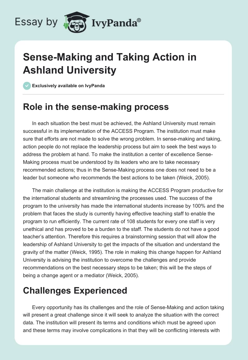Sense-Making and Taking Action in Ashland University. Page 1