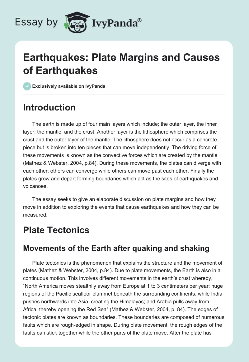 Earthquakes: Plate Margins and Causes of Earthquakes. Page 1