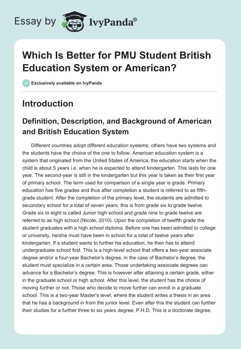 Which Is Better for PMU Student British Education System or American?. Page 1