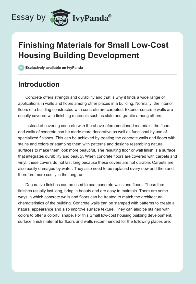 Finishing Materials for Small Low-Cost Housing Building Development. Page 1