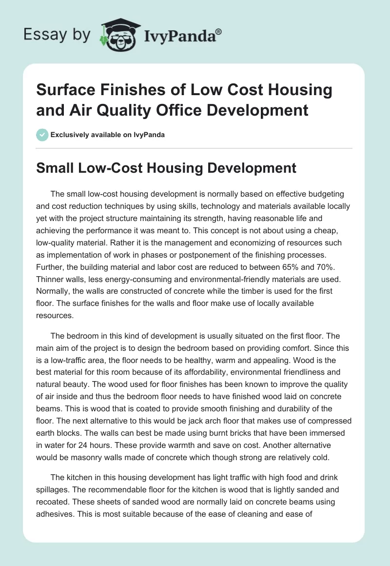 Surface Finishes of Low Cost Housing and Air Quality Office Development. Page 1