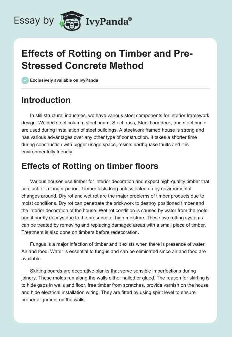 Effects of Rotting on Timber and Pre-Stressed Concrete Method. Page 1