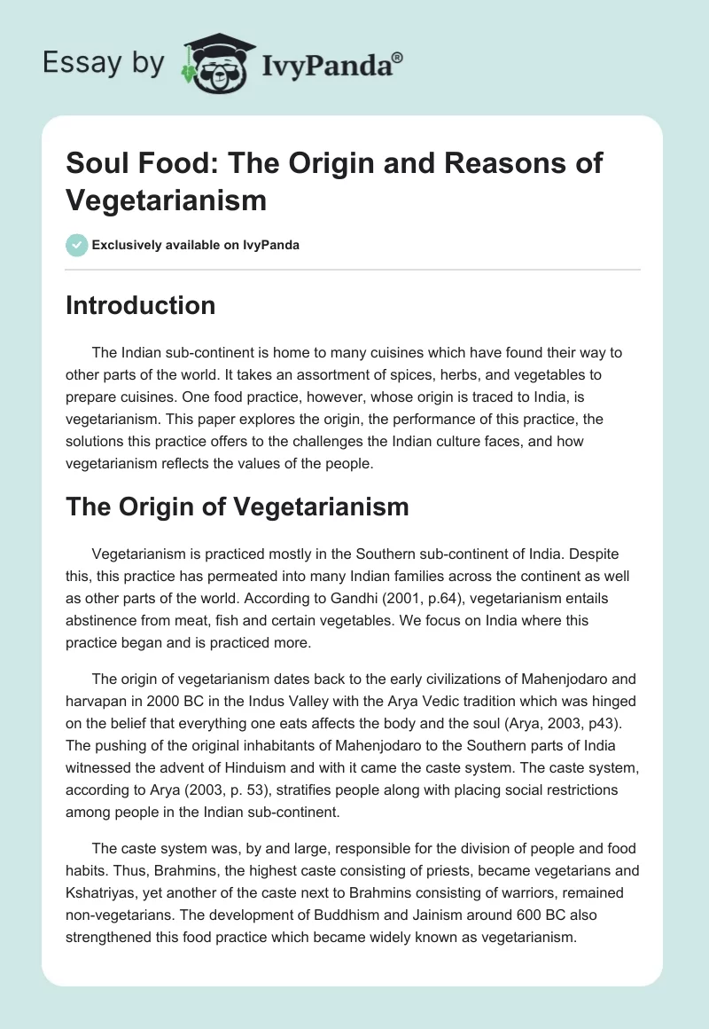 Soul Food: The Origin and Reasons of Vegetarianism. Page 1