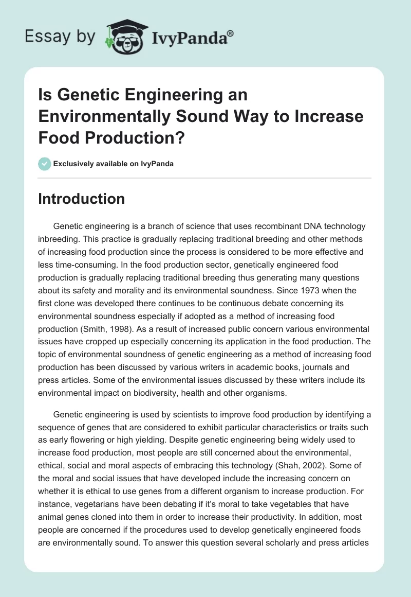 Is Genetic Engineering an Environmentally Sound Way to Increase Food Production?. Page 1