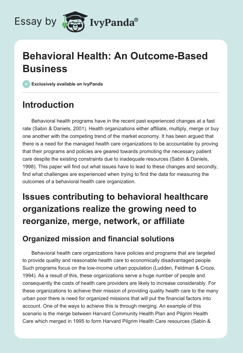 Behavioral Health: An Outcome-Based Business. Page 1