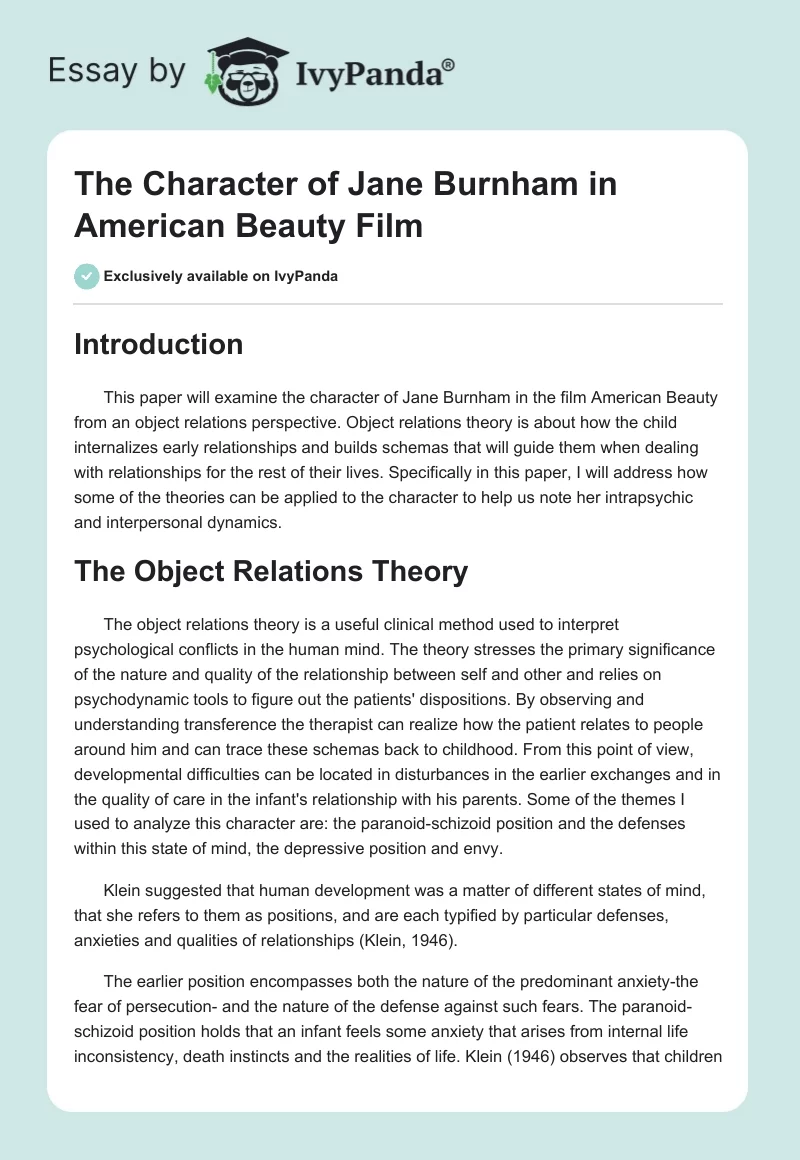 The Character of Jane Burnham in American Beauty Film. Page 1