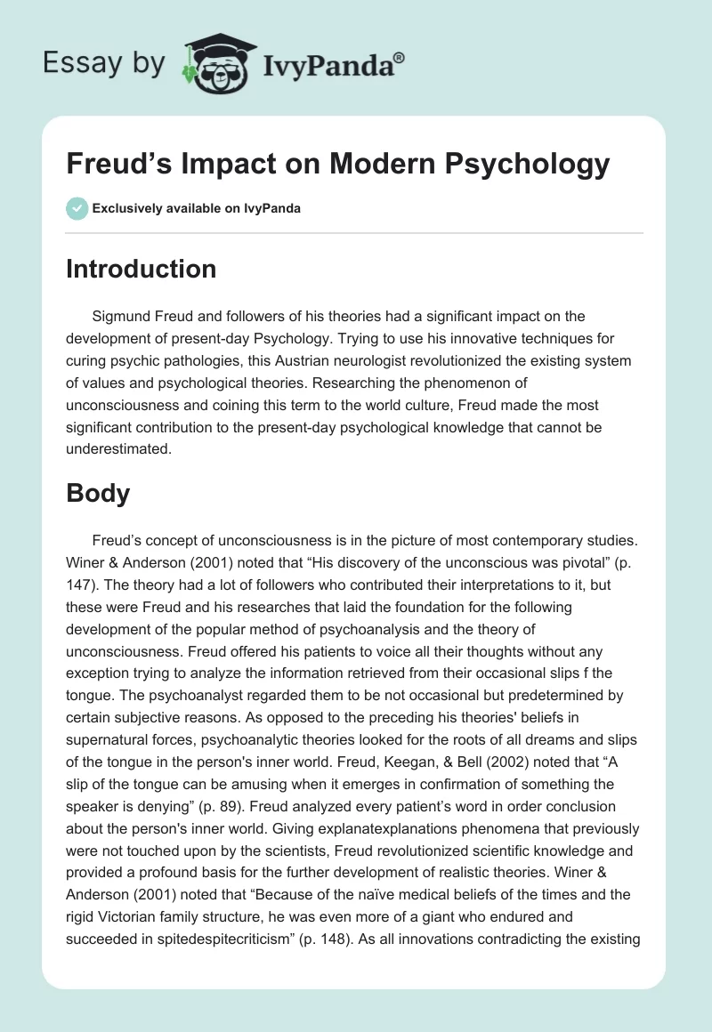 Freud’s Impact on Modern Psychology. Page 1