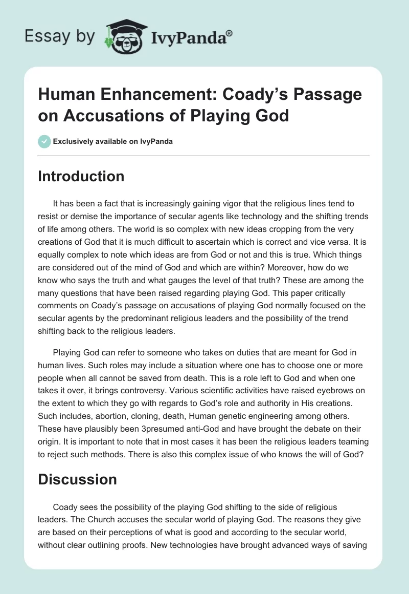 Human Enhancement: Coady’s Passage on Accusations of Playing God. Page 1