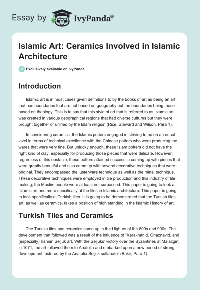 Islamic Art: Ceramics Involved in Islamic Architecture. Page 1