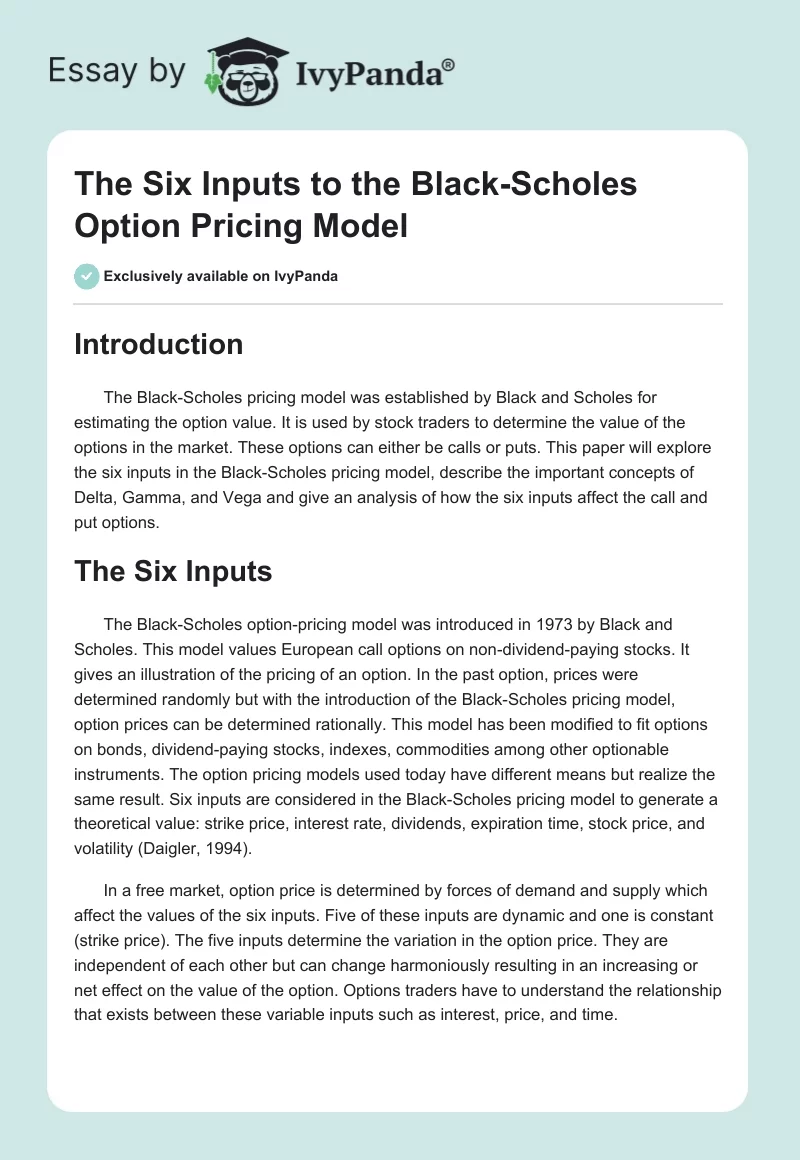 The Six Inputs to the Black-Scholes Option Pricing Model. Page 1