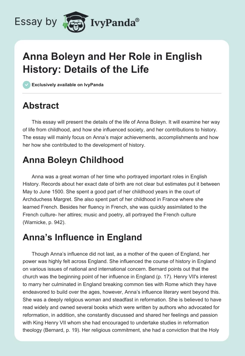 Anna Boleyn and Her Role in English History: Details of the Life. Page 1