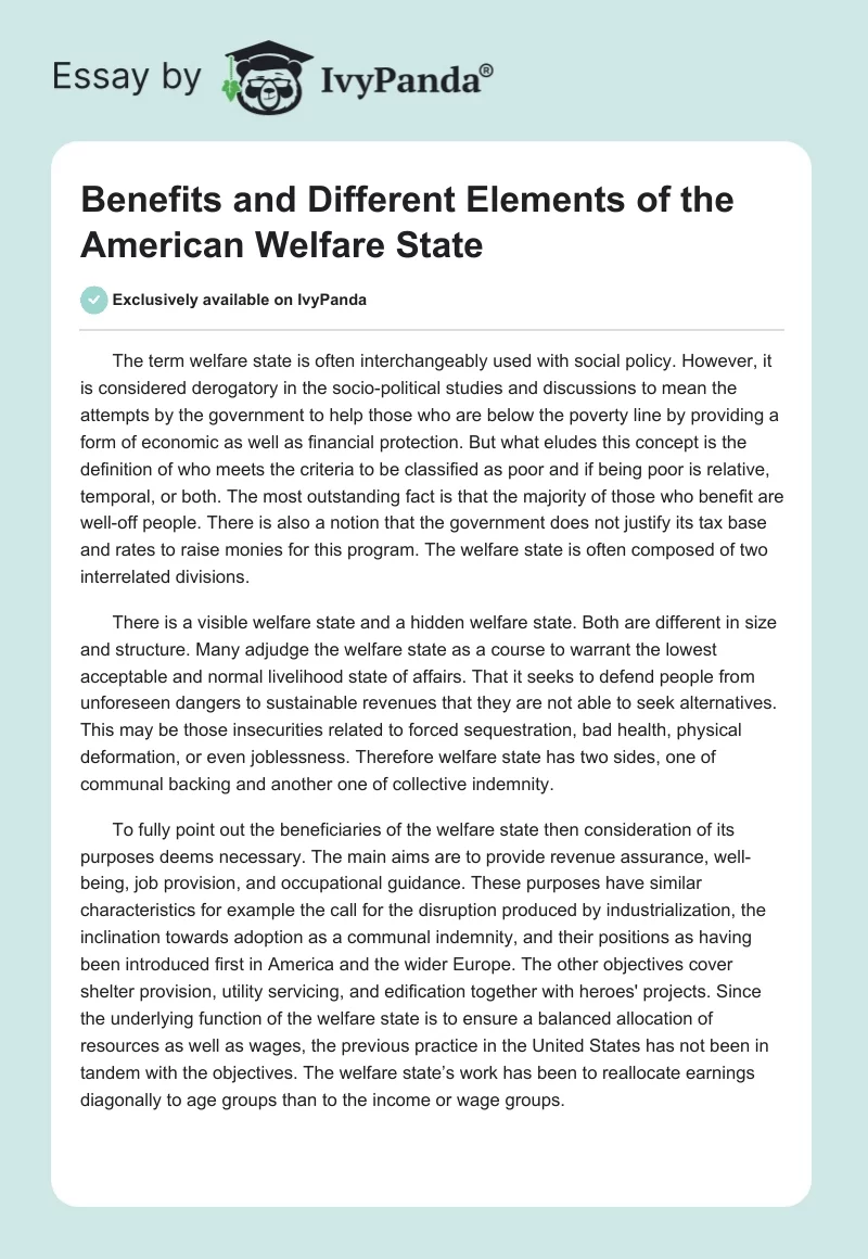 Benefits and Different Elements of the American Welfare State. Page 1