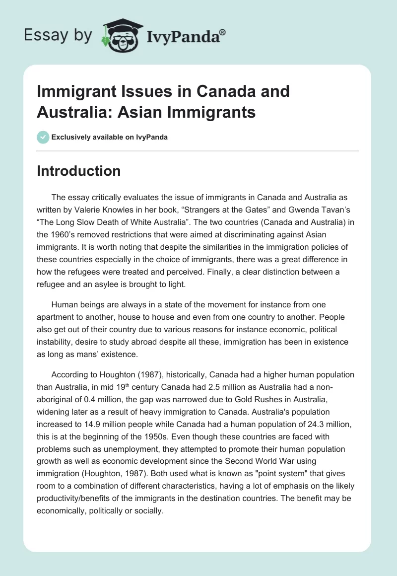 Immigrant Issues in Canada and Australia: Asian Immigrants. Page 1