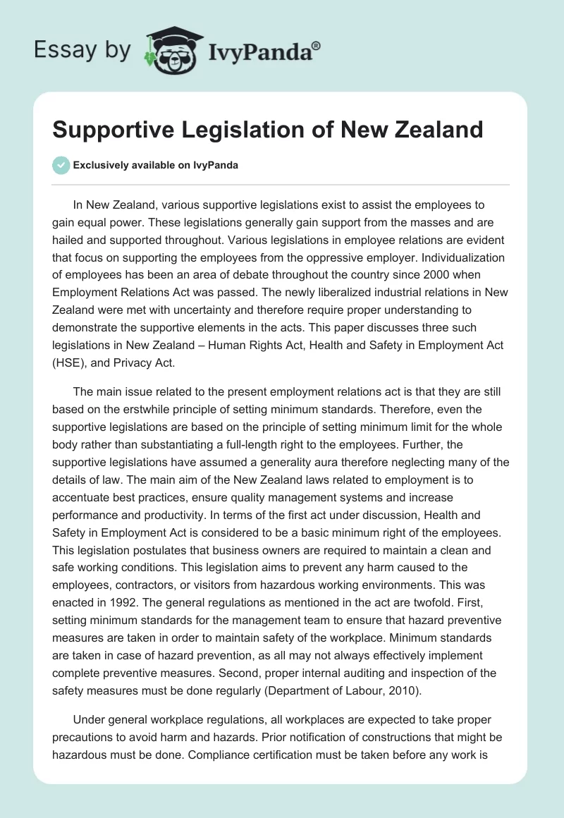 Supportive Legislation of New Zealand. Page 1