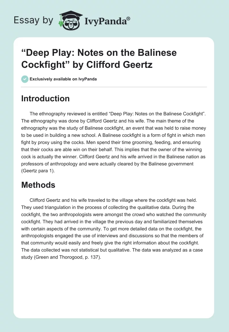 “Deep Play: Notes on the Balinese Cockfight” by Clifford Geertz. Page 1