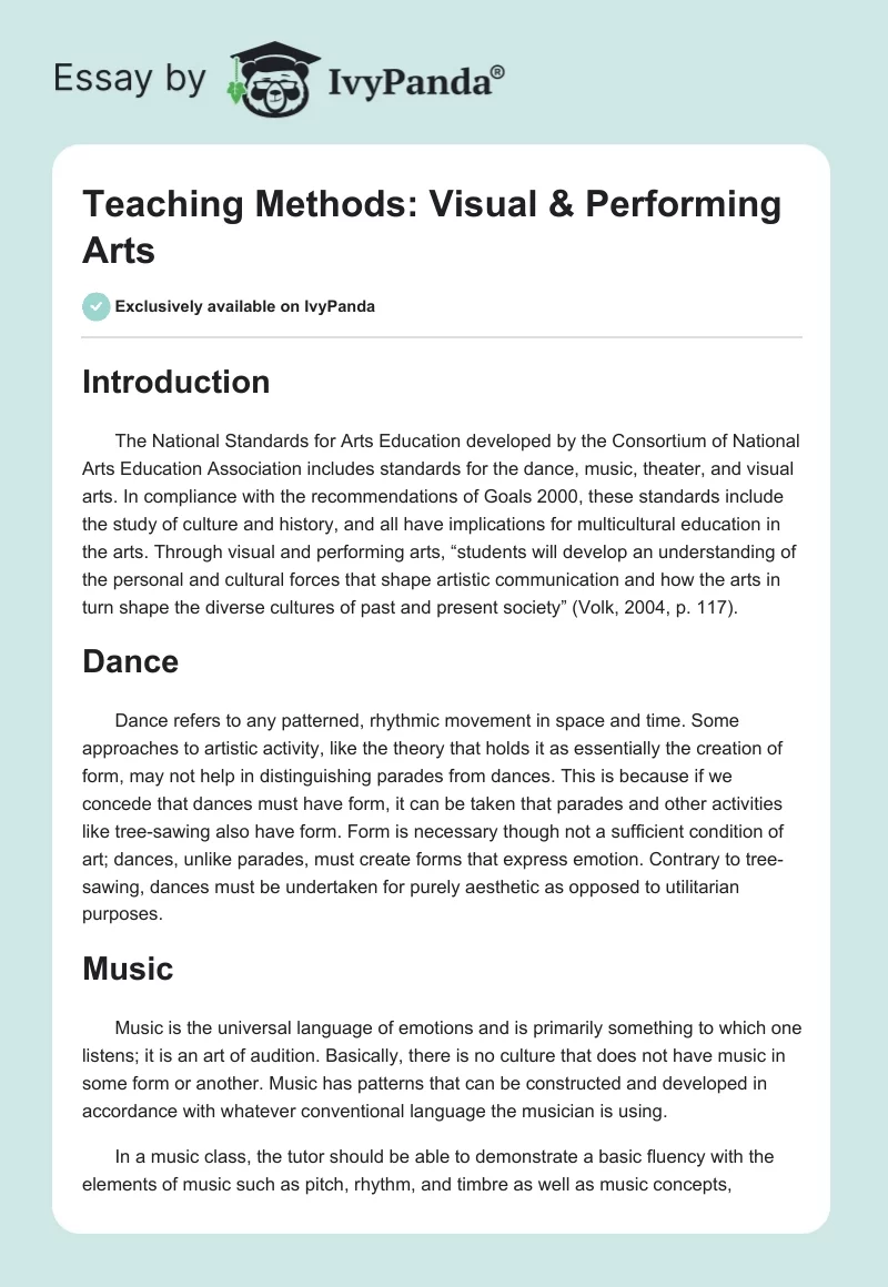 Teaching Methods: Visual & Performing Arts. Page 1