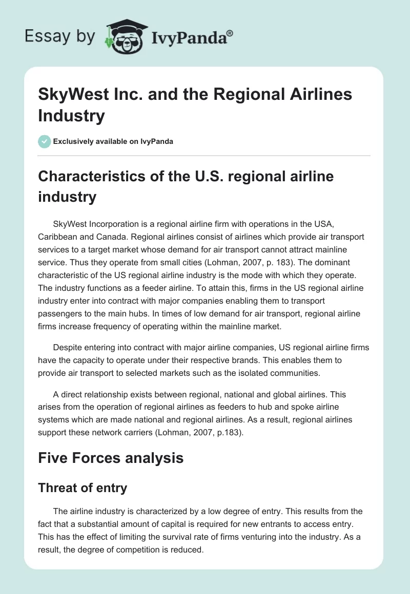 SkyWest Inc. and the Regional Airlines Industry. Page 1