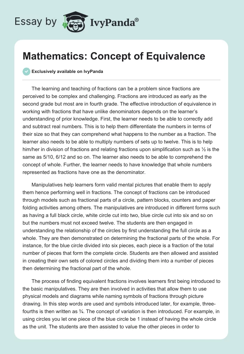 Mathematics: Concept of Equivalence. Page 1