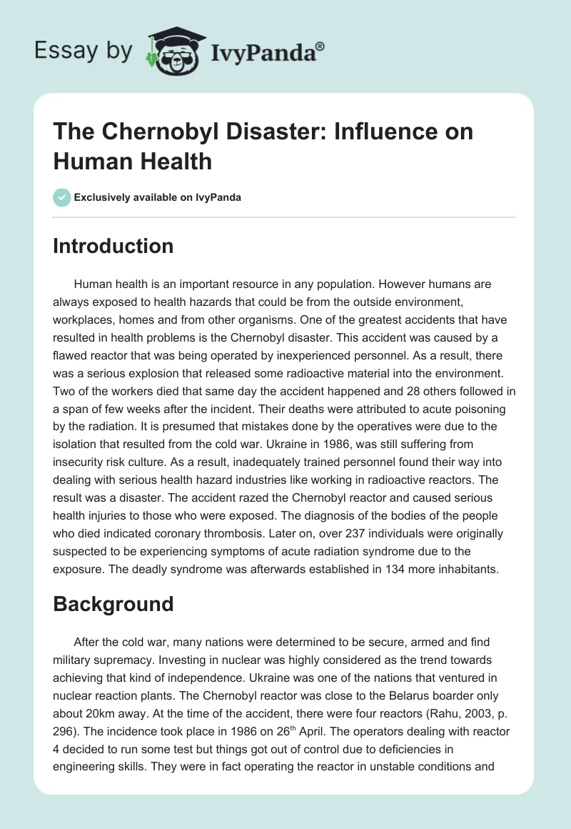 The Chernobyl Disaster: Influence on Human Health. Page 1