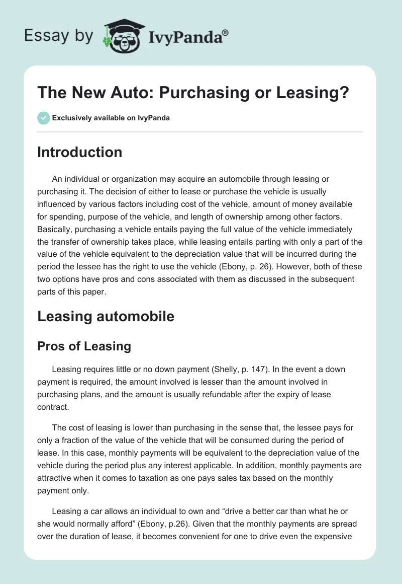 The New Auto: Purchasing or Leasing?. Page 1
