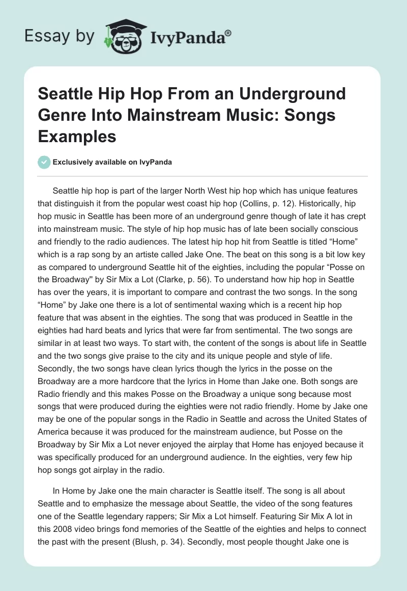 Seattle Hip Hop From an Underground Genre Into Mainstream Music: Songs Examples. Page 1