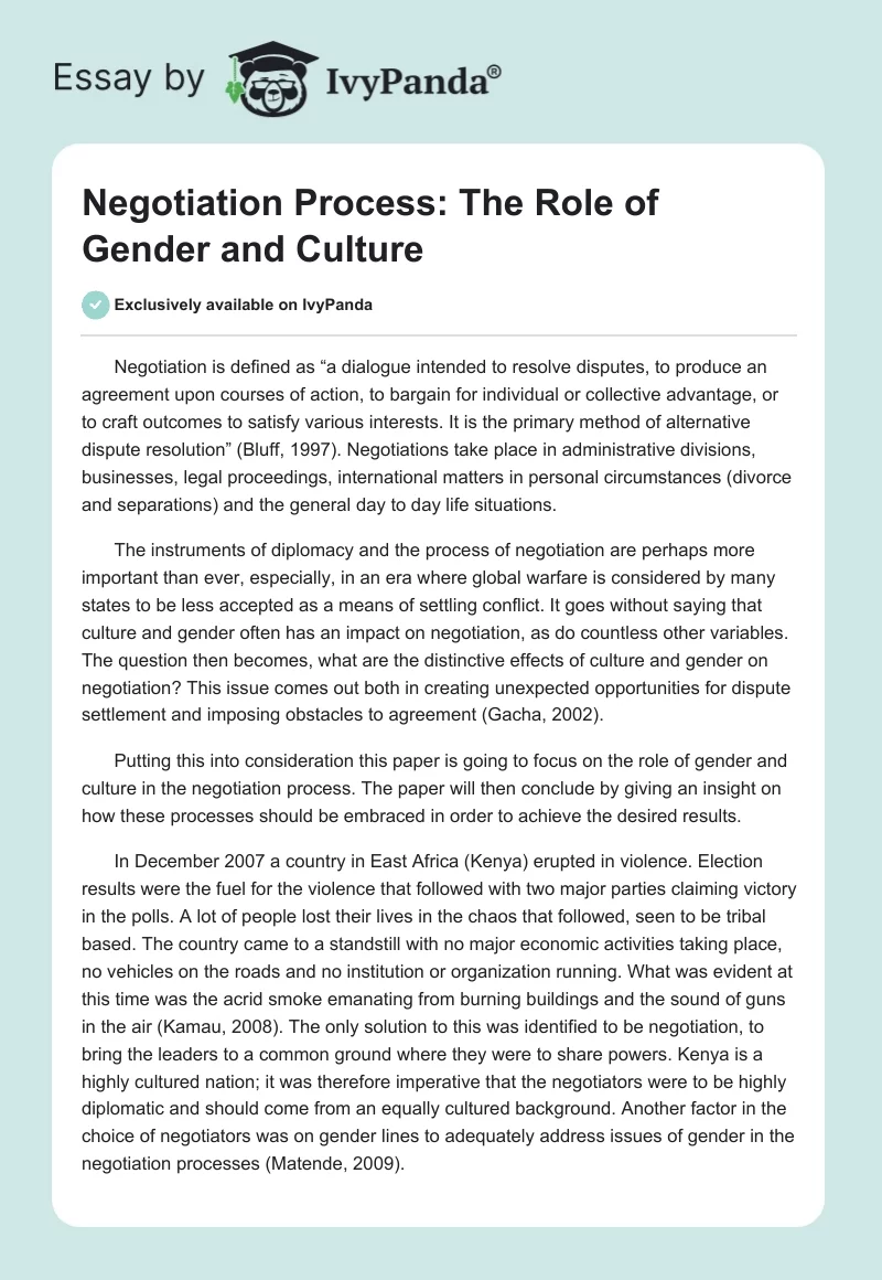 Negotiation Process: The Role of Gender and Culture. Page 1