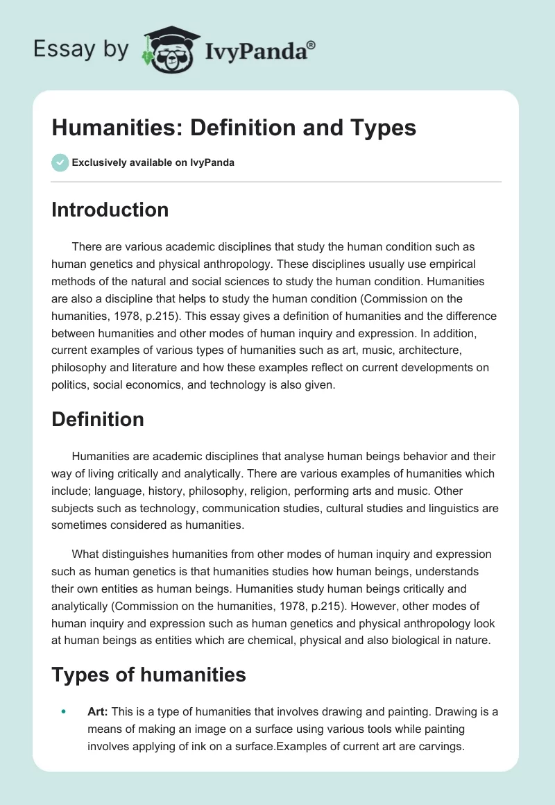 Humanities: Definition and Types. Page 1