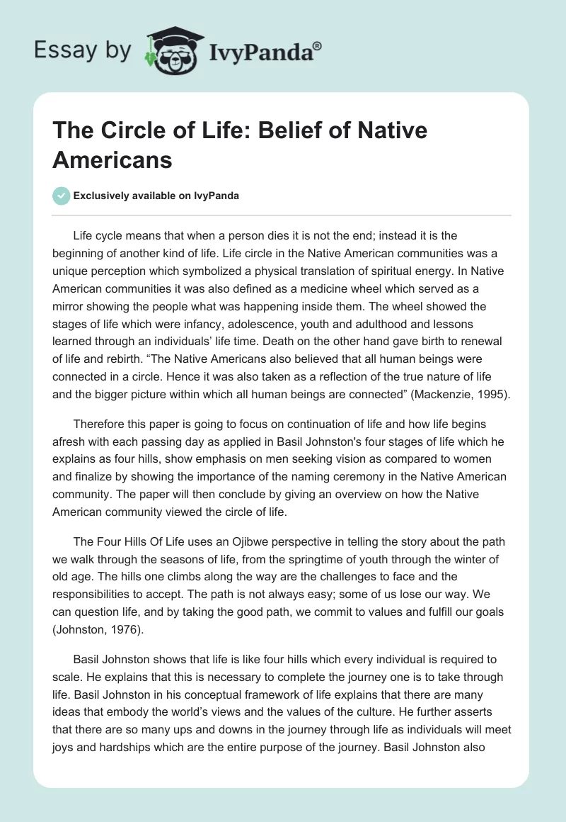 The Circle of Life: Belief of Native Americans. Page 1