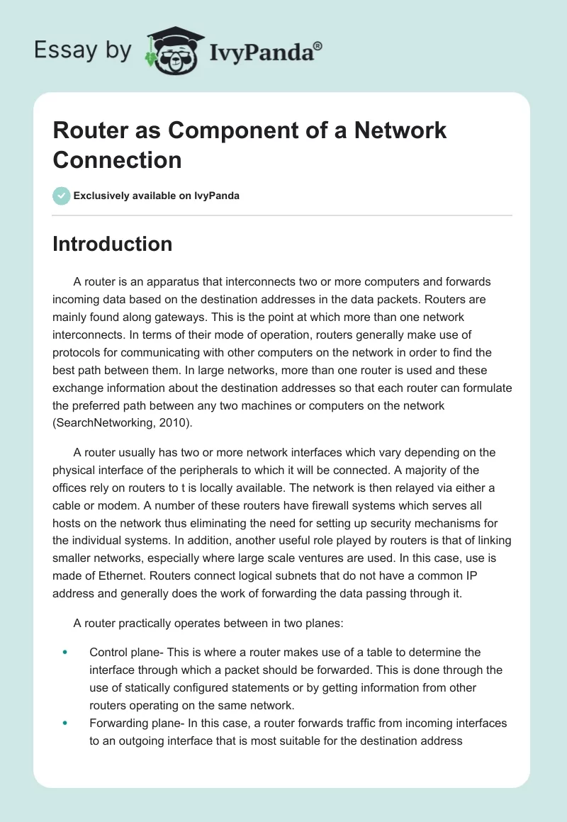 Router as Component of a Network Connection. Page 1