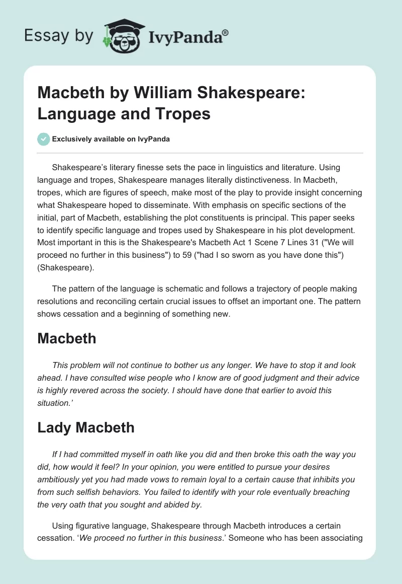 "Macbeth" by William Shakespeare: Language and Tropes. Page 1