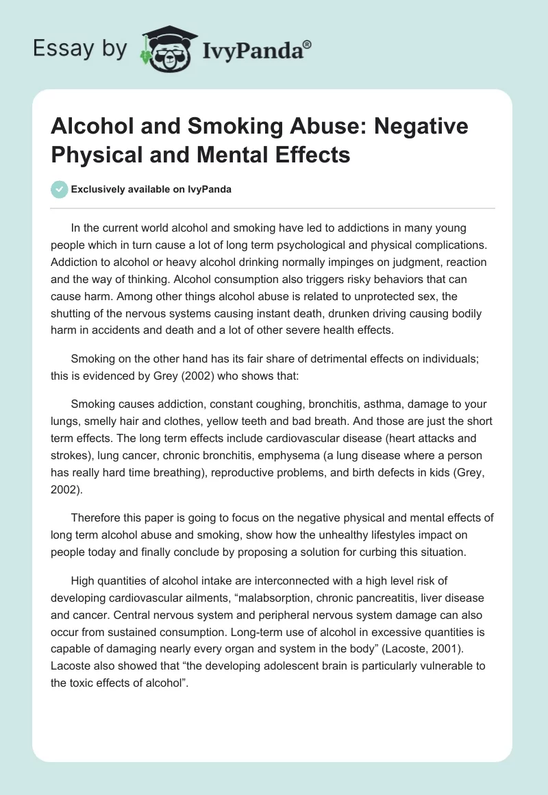 Alcohol and Smoking Abuse: Negative Physical and Mental Effects. Page 1