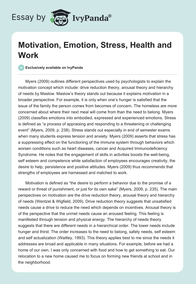 Motivation, Emotion, Stress, Health and Work. Page 1