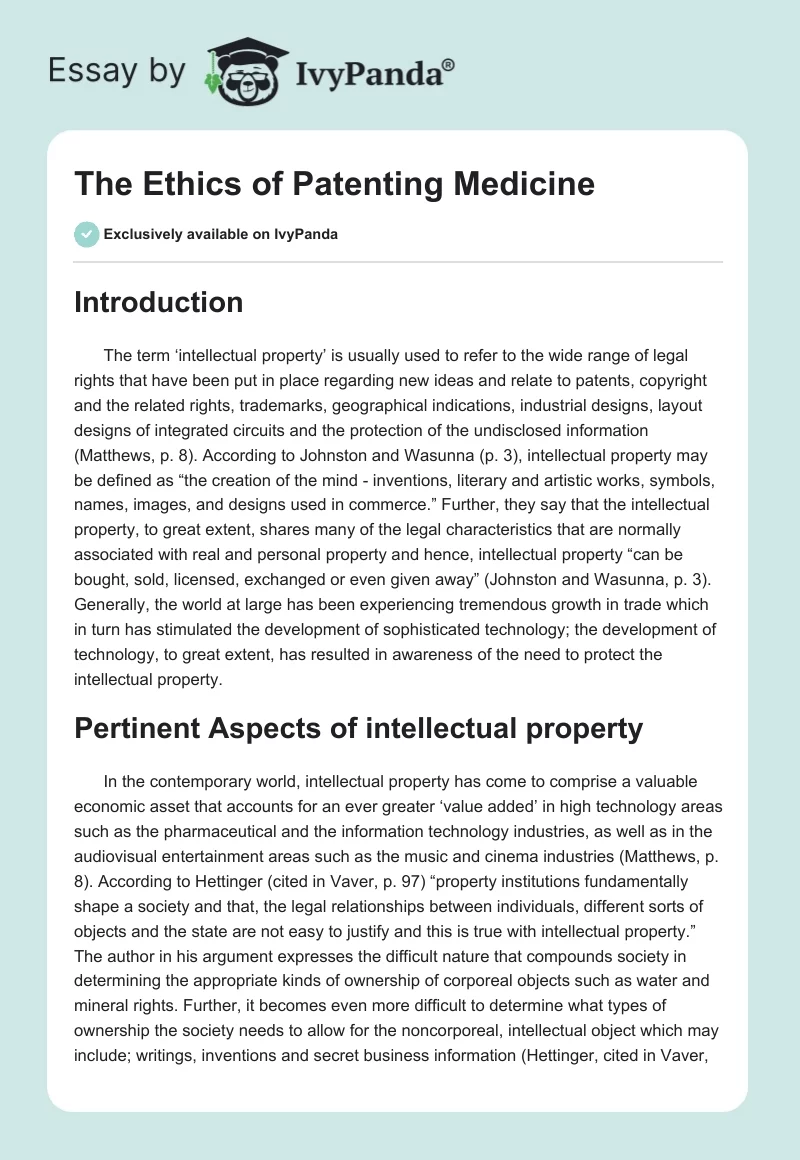 The Ethics of Patenting Medicine. Page 1