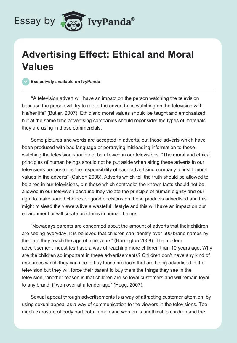 Advertising Effect: Ethical and Moral Values. Page 1