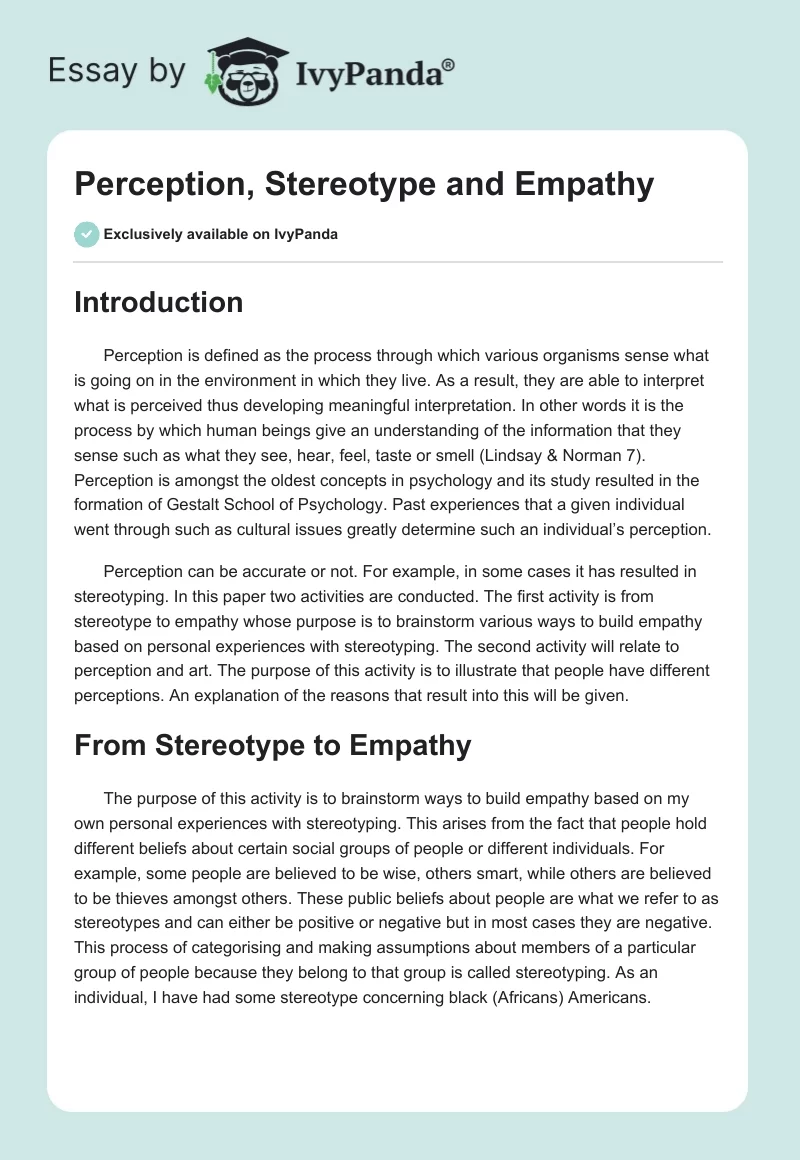 Perception, Stereotype and Empathy. Page 1