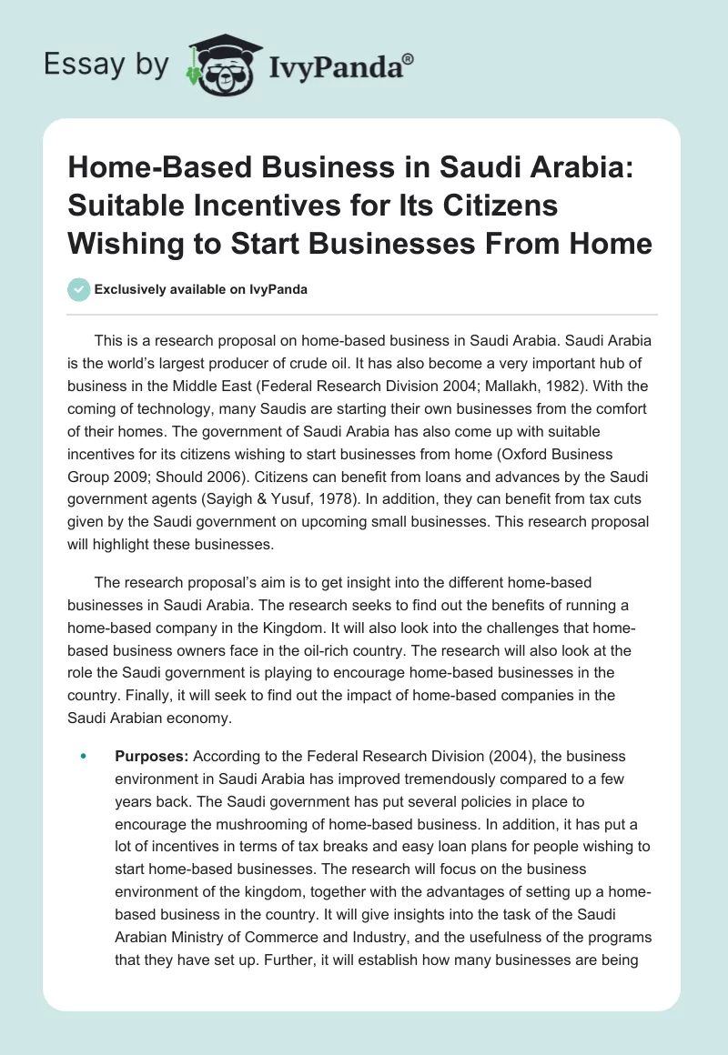 Home-Based Business in Saudi Arabia: Suitable Incentives for Its Citizens Wishing to Start Businesses From Home. Page 1
