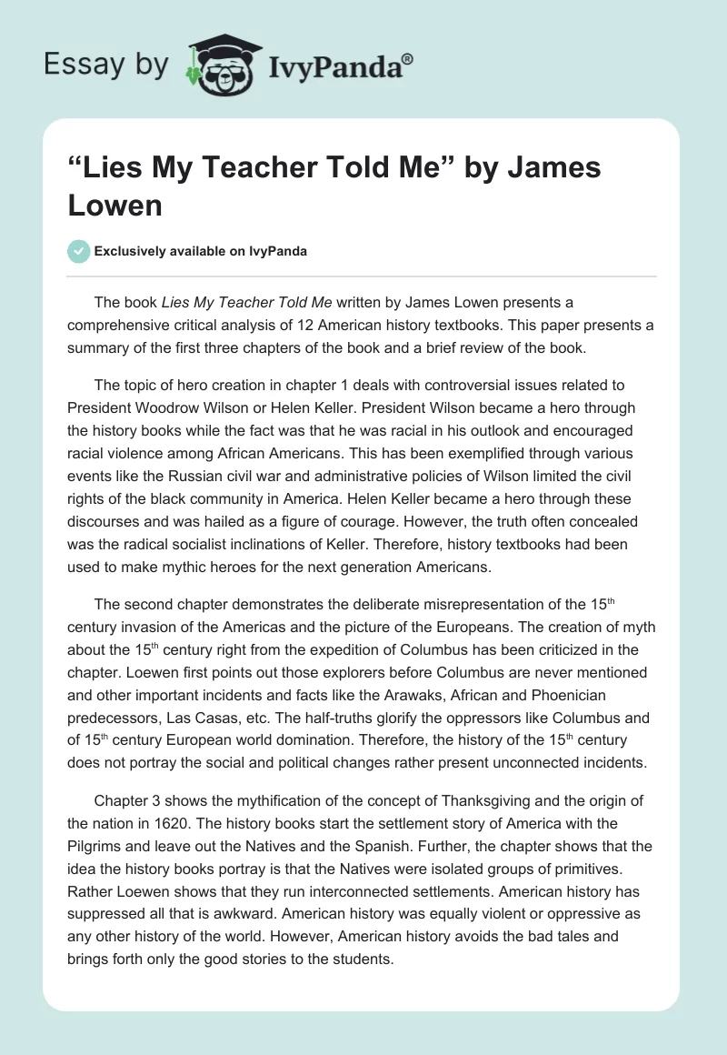 “Lies My Teacher Told Me” by James Lowen. Page 1