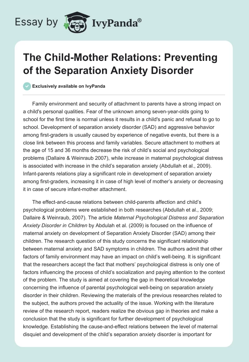 The Child-Mother Relations: Preventing of the Separation Anxiety Disorder. Page 1