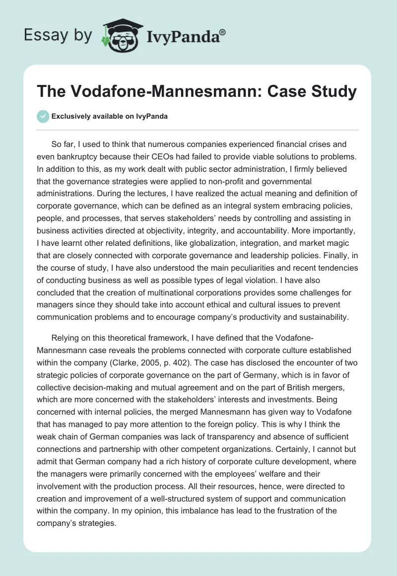 The Vodafone-Mannesmann: Case Study. Page 1