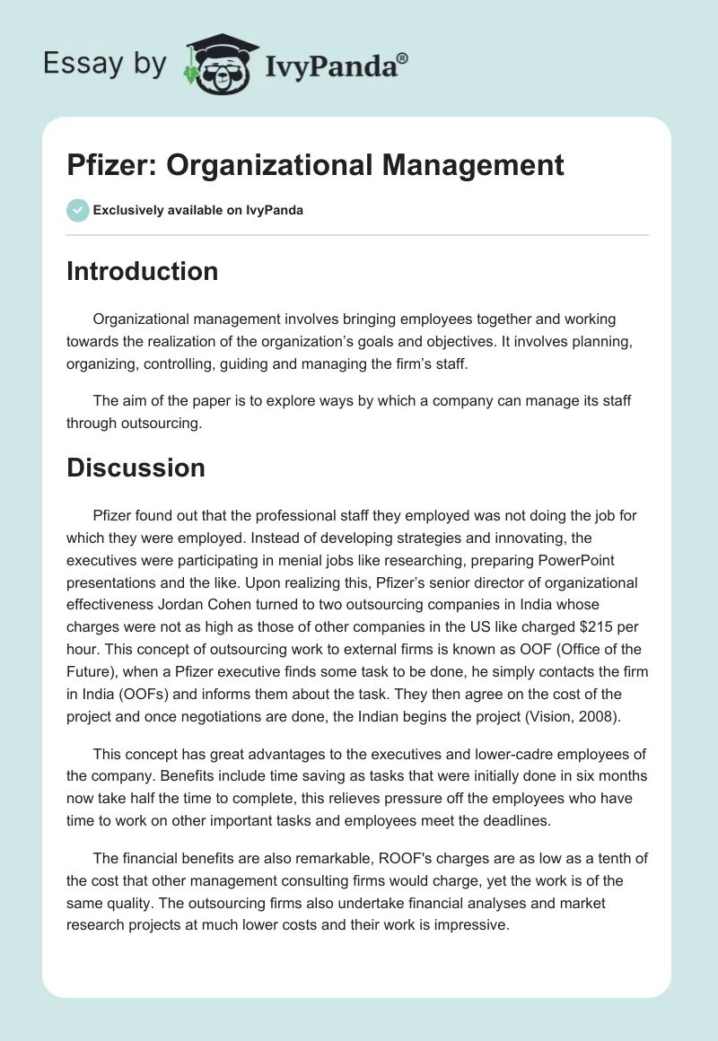 Pfizer: Organizational Management. Page 1