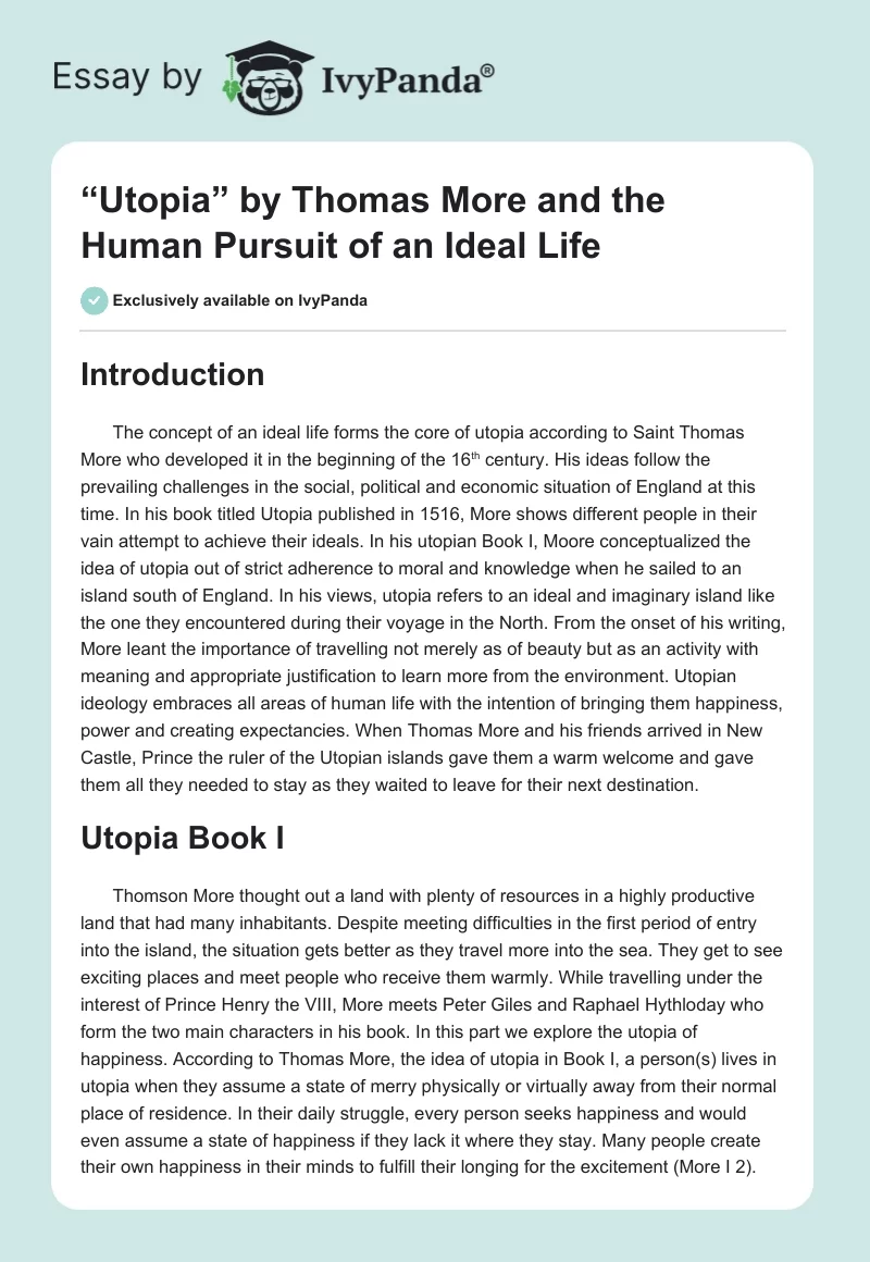“Utopia” by Thomas More and the Human Pursuit of an Ideal Life. Page 1