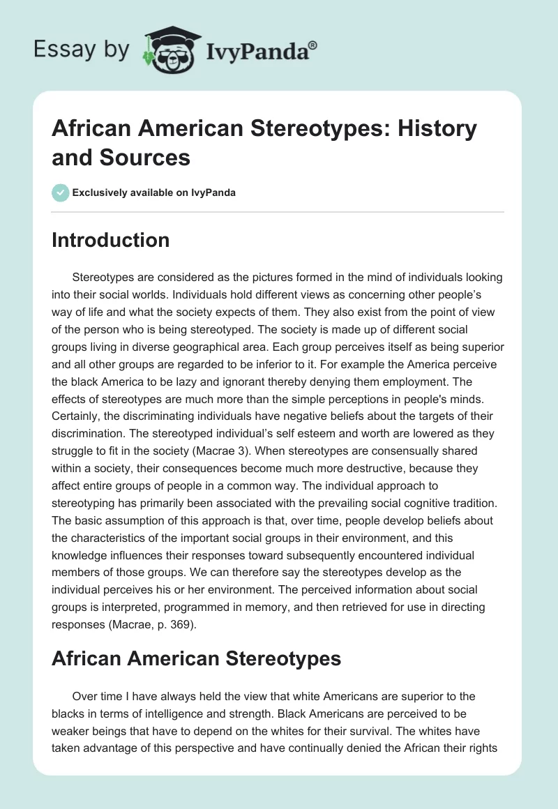 African American Stereotypes: History and Sources. Page 1