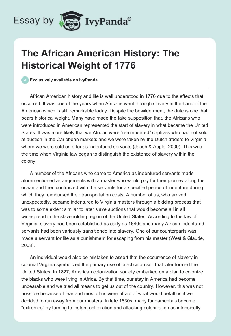 The African American History: The Historical Weight of 1776. Page 1