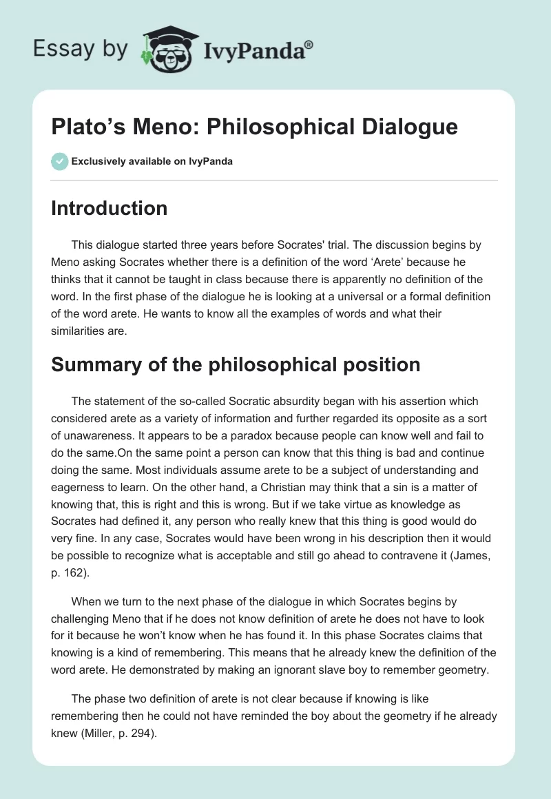 Plato’s Meno: Philosophical Dialogue. Page 1