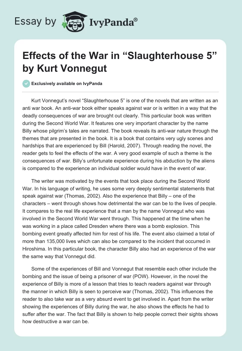 Effects of the War in “Slaughterhouse 5” by Kurt Vonnegut. Page 1