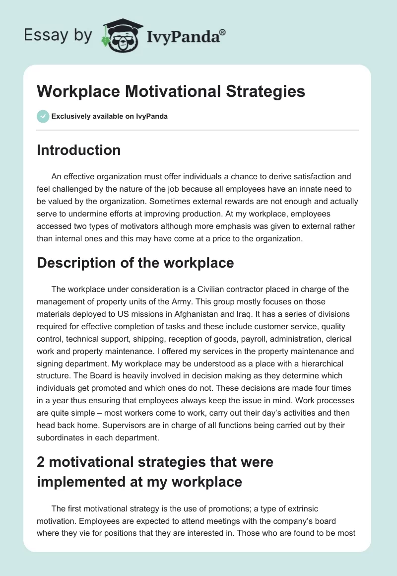 Workplace Motivational Strategies. Page 1