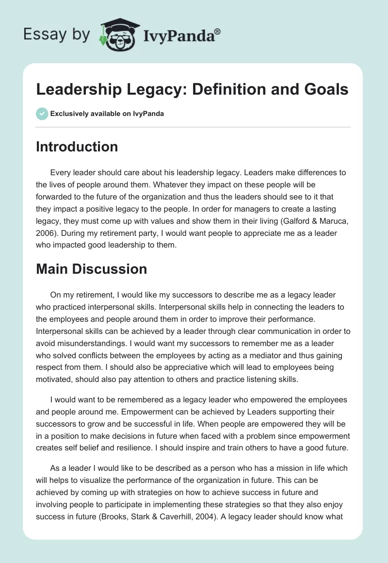Leadership Legacy: Definition and Goals. Page 1