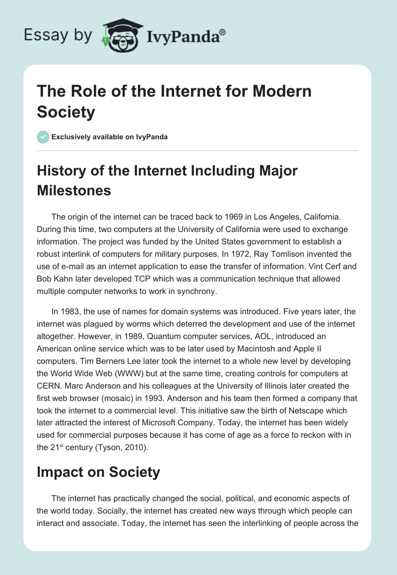 The Role of the Internet for Modern Society. Page 1
